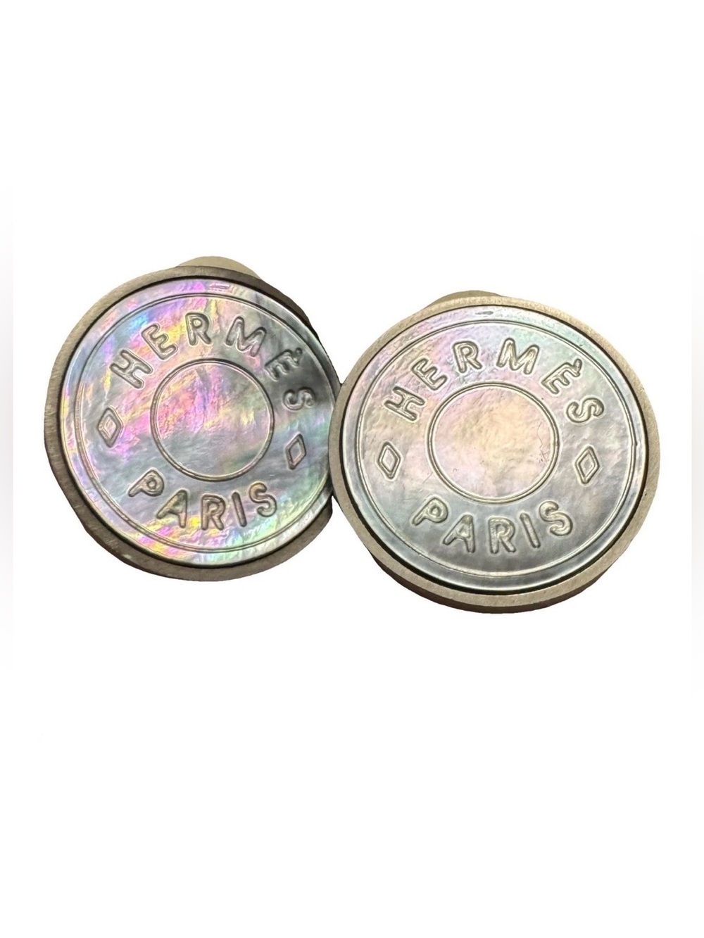 Hermès AUTHENTIC Bijouterie Fantaisie Clou Selle Logo Shell Silver Clip Earrings